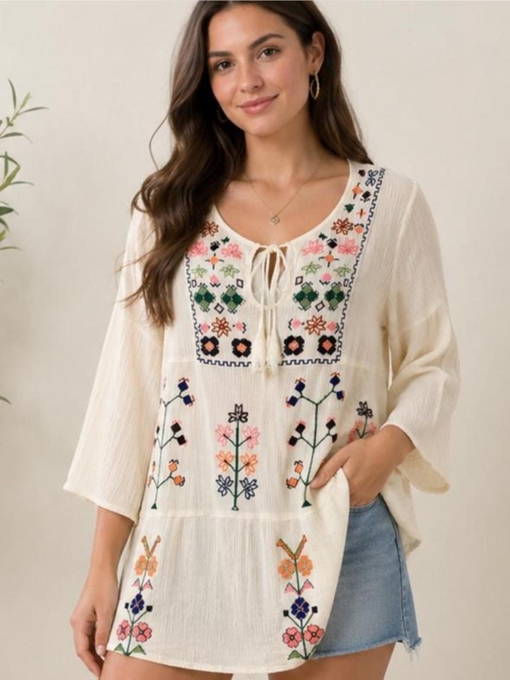 Gianni Bini Boho Tunic with Multicolor Floral Embroidery